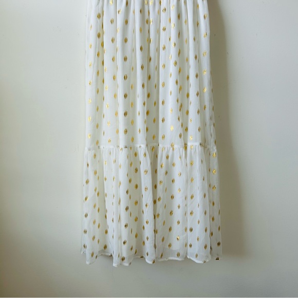 Lulus Cause to Celebrate White & Gold Dot Ruffled Tiered Midi Dress SizeM Magic - Picture 3 of 12